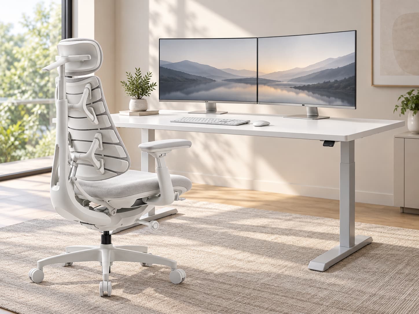 Workrite sit-stand desk shown in a staged home-office setup with LiberNovo chair; chair and accessories not included