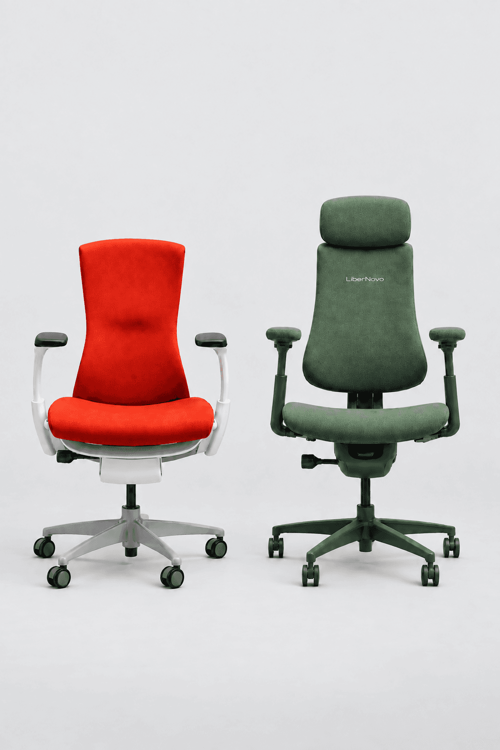 A red ergonomic chair and a green LiberNovo ergonomic chair shown side by side
