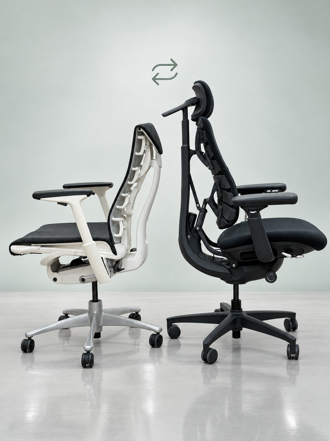 Two premium ergonomic chairs with a subtle exchange symbol illustrating ErgoFurnish trade-in credit